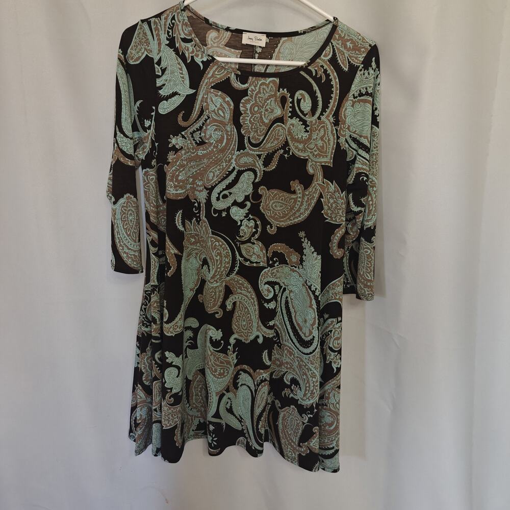 Jenny Boston Women M Brown Green Boutique Mini Dress Pockets Half Sleeves Boho